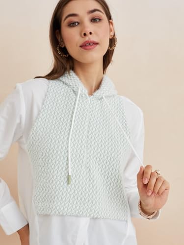 Latin Quarters Women's White Hooded Full Sleeves Self Design Casual Shirt_XXL