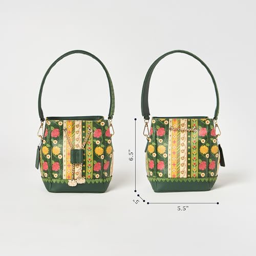Chumbak Olive Crossbody Sling Bag for Women, Drawstring Closure, Palace Memoirs Collection, Stylish Designer Handbag Purse Wallet Sling Tote, Everyday Casual Ethnic Travel Office Use