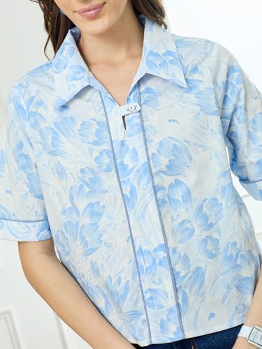Latin Quarters Women's Blue Half Sleeves Collar Neck Casual Printed Top_XL