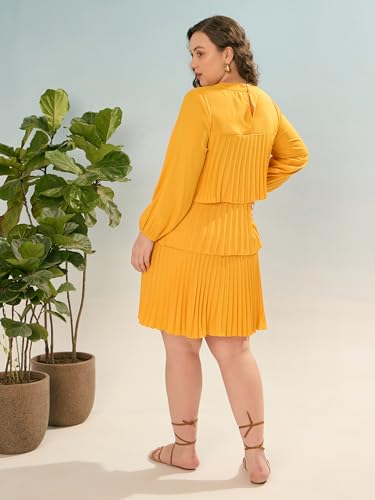 SASSAFRAS Curve Women's Heavy Georgette Above The Knee Tiered Skater Dress (SFDRSS12916_Mustard_4XL)