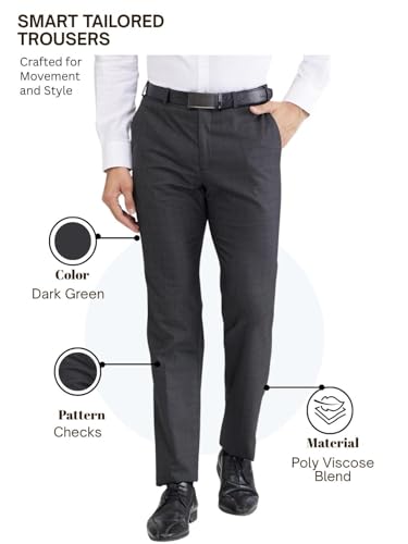 Raymond Men’s Slim Fit Formal Trousers, Poly Viscose Blend, Structure Pattern, Flat Front | Dark Green