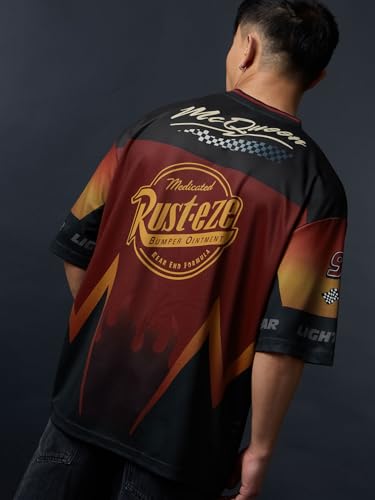 The Souled Store Cars: Lightning McQueen Men and Boys Short Sleeves V-Neck Dark Red Graphic Printed Racing Jersey Casual Lightweight Drop Shoulder Streetwear Trendy Easy Dry Oversized T-Shirt