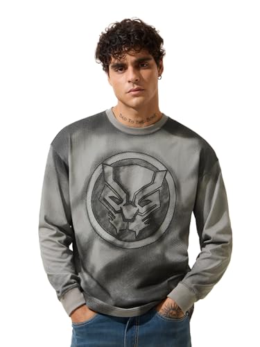 The Souled Store Black Panther: Claws Men and Boys Long Sleeve Round Neck Grey Graphic Printed Casual Lightweight Drop Shoulder Streetwear Trendy Oversized Full Sleeve T-Shirts