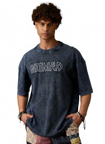 The Souled Store Nomad: Haven Men and Boys Short Sleeves Round Neck Charcoal Grey Embroidered Casual Drop Shoulder Streetwear Trendy Super Oversized T-Shirt