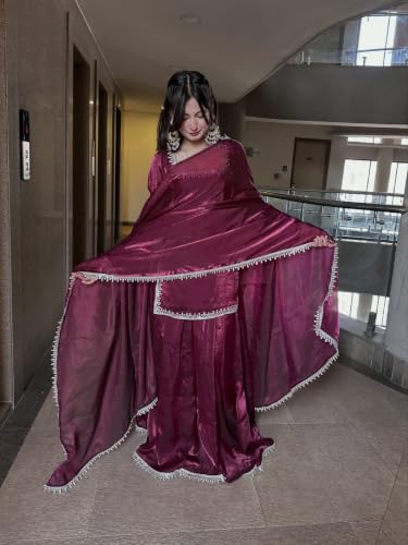 Women's Wine Kurti With Sharara And Dupatta, Silver Lace Border