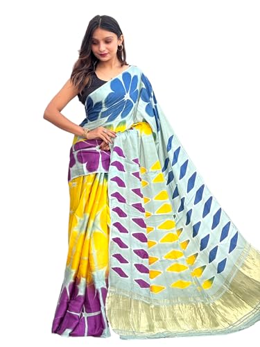 Prijam Handloom Calap Daing Modal Silk Saree, Floral Print, Blue Yellow Purple Pattern, Gold Border (multi 1)