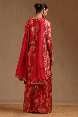 Soch Womens Red Chinon Floral Print Suit Set With Thread Work
