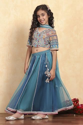 Biba Girls Blue Cotton Printed Kalidar Lehenga Set_4-5Y