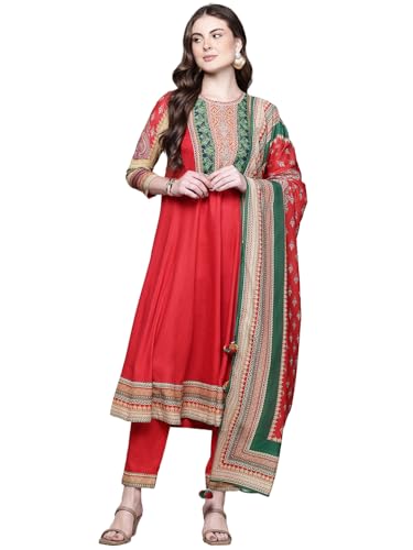 Aarke Ritu Kumar Red Prim Rose Round Neck Kurta With Pant And Dupatta