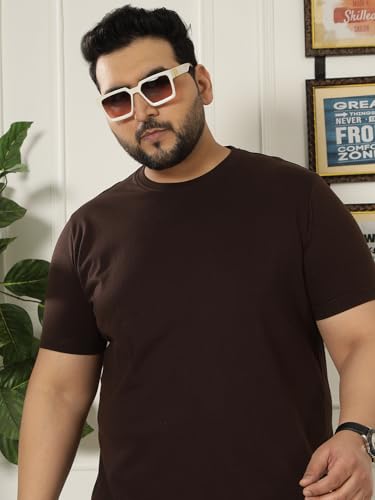 JOHN PRIDE Plus Size Men Regular Fit Solid Short Sleeves Brown Round Neck T-Shirt (JPTSR3501S_4XL_Brown)
