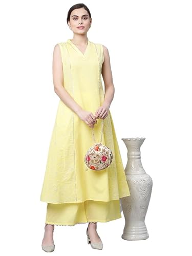 Ahalyaa Women Yellow Colour Cotton Printed Kurta Palazzo Set