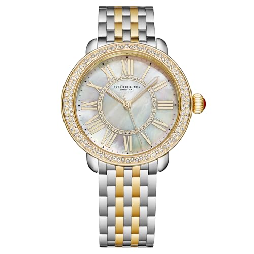 Stuhrling Original Women’s Stainless Steel Watch – Crystal Bezel, Iridescent Mother-of-Pearl Dial, Quartz Movement, Mineral Crystal, Steel Bracelet, 50M Water Resistant, Red Crown, Gold