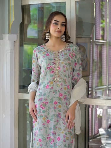 Divena Light Grey Floral Print Muslin Kurta Trouser with Dupatta