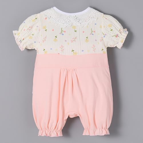 Hopscotch Girls Short Sleeves Pink Lace Collar Floral Cotton Romper For Ages (9-12 Months)