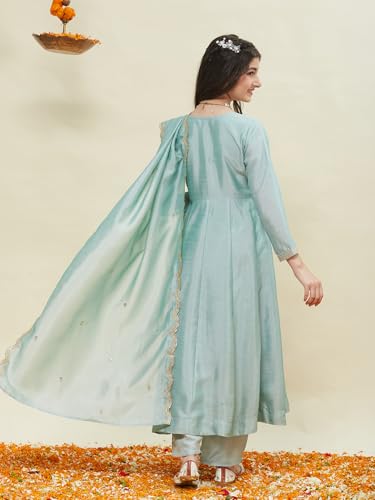 CURLY TALES ALPHA Girls Embroidered Anarkali Kurta Set with Dupatta | Ethnic Wear Sky Blue