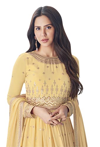 RUDRAPRAYAG Georgette Embroidered Semi-Stitched Gown for Women Yellow