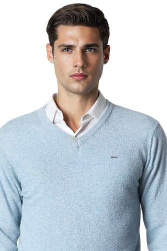 Men Blue Solid V Neck Sweater
