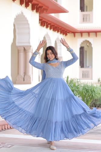 PRISTIQ Fashion Faux Georgette Anarkali Dress Set with Dupatta, Embroidered, Traditional Indian Ethnic Wear, (in, Alpha, 2XL, Regular, Sky)