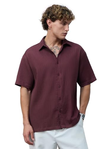 The Souled Store Textured Shirt: Sangria Men and Boys Short Sleeves Collared Neck Button Front Polyester Purple Solid Oversized Shirt