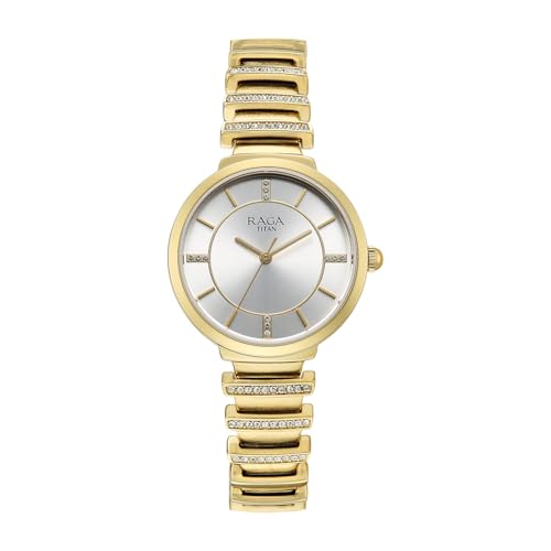 Titan Raga Spotlight with Quartz Analog Silver Dial Gold Brass Strap Watch for Women - 95431YM01
