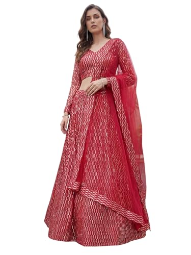 Zeel Clothing Women's Sequins Embroidered Work Soft Net Lehenga Choli with Dupatta (7310-Pink-Wedding-Lehenga-Choli; Free Size) (Pink)