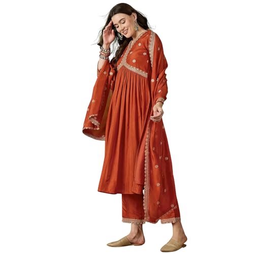 AVYUKTHA | Women Ethnic Motifs Embroidered Empire Kurta Set with Trors & Dupatta | Thread Work Fit Ethnic for Women | Orange Color| Size- M