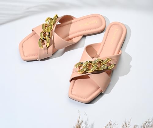 LOUIS STITCH Women’s Slip-On Cross Strap Flat Sandals | Comfortable Peach Ladies Sandal | LSOF-FI04-CSBPE | UK-5