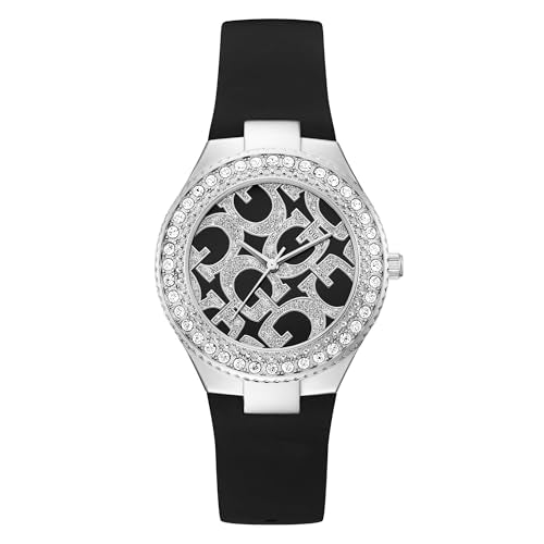 GUESS Silicone Women's 38 Mm Size Silver Dial Round Analog Black Band Watch - U1422L1M