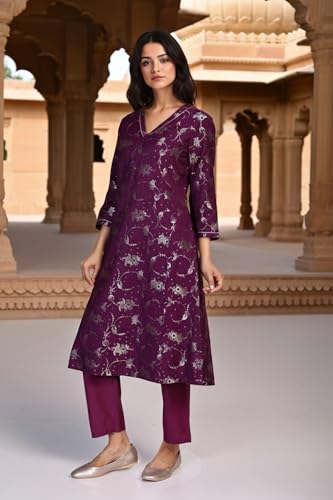 W for Woman Floral Printed Jacquard A-Line Kurta with Straight Pant and Dupatta Set - Purple (WS13245-314312-3XL)