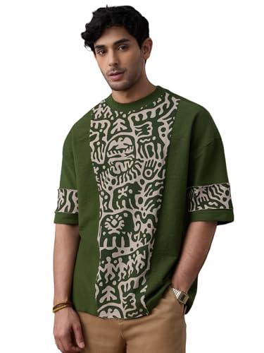 The Souled Store Nomad: Stone Carving Men and Boys Short Sleeves Round Neck Olive Graphic Printed Casual Drop Shoulder Streetwear Trendy Cotton Super Oversized T-Shirt