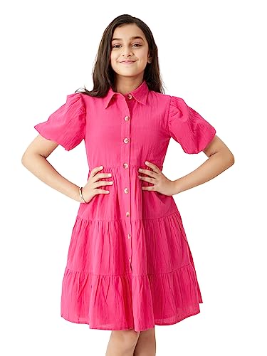 olele® Girls Lucy Shirt Cotton Dress for 5 to 6 Years Kids Hot Pink