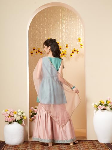 CURLY TALES ALPHA Embroidered Light Blue Kurti Sharara Set with Dupatta for Girls | Round Neck Ethnic Set for Birthday and Festive Parties