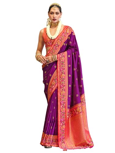 AKHILAM Women's Magenta Silk Blend Ethnic Motif Printed Saree With Unstitched Blouse (MAITRI454_RW)