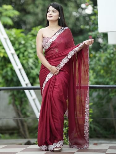 SAREE MALL Women's Maroon Satin Solid Saree With Unstitched Blouse (KESARI11601_KR)