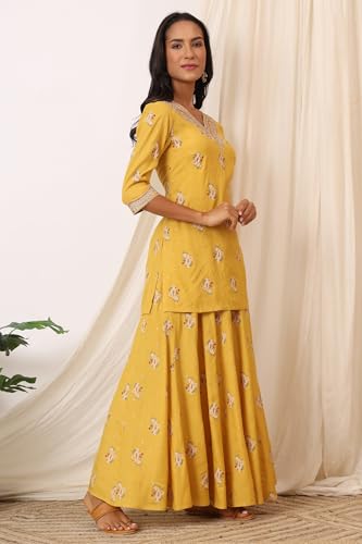W for Woman Mustard Yellow Printed Short Shantung Kurti, Culottes and Dupatta Set (Size: XS)-WS12644-125062