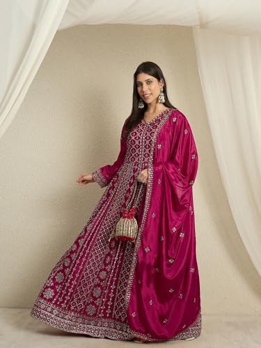 Miss Ethnik Women's Maroon Chinon Stitched Gown With Dupatta Full Sleeve Embroidered A-Line Gown (MEY-1236-Maroon-3XL)