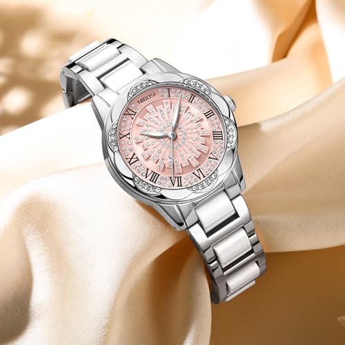 NIBOSI Watch for Woman Analog Quartz Rose Gold Stainless Steel Band Luxury Ladies Watch Stylish Diamond Rotating Pink Dial Wrist Watches Waterproof (Silver Pink)