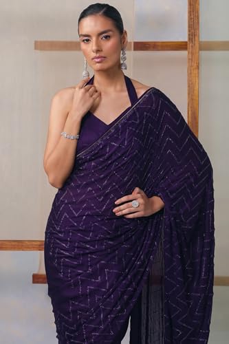 Soch Womens Purple Crepe Embellished Saree