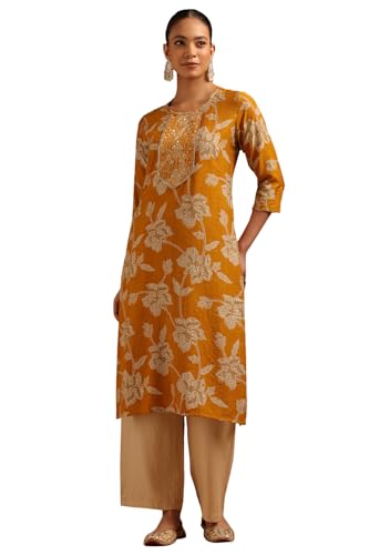 Soch Womens Mustard Chanderi Floral Embroidered Kurta