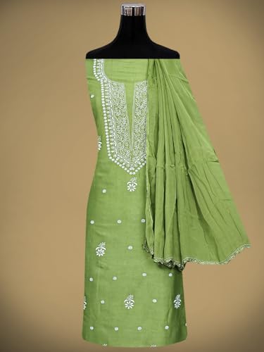 Ada Hand Embroidered Lucknowi Chikankari Unstitched Chanderi Dress Material Suit Piece with Dupatta for Women 01A791846 Mehndi Green