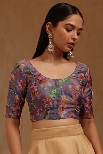 Soch Womens Blue Tissue Floral Print Padded Blouse with Sequins