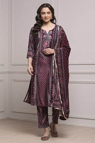 Biba Women Plum Polyester Straight Printed Suit Set_36
