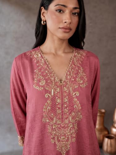Varanga Women Kaftan Kurta Trousers Set V Neck Short Sleeves Silk Blend