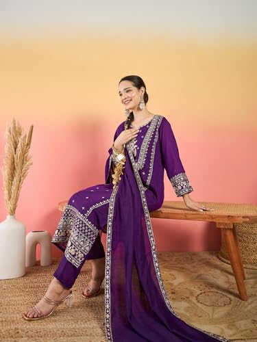 Varanga Women Kurta With Zari Embroidered Yoke And Border, Paired With Solid Trousers And A Matching Bordered Dupatta.