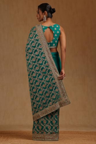 Soch Womens Turquoise Blue Georgette Embroidered Saree With Stone Work