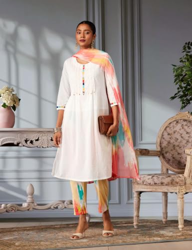 Rangriti Women White Cotton Straight Kurta Set_42