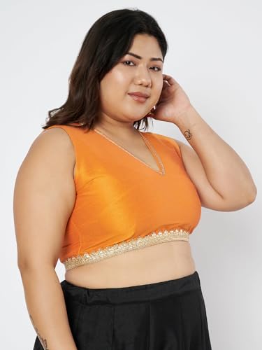 studio rasa Women's Plus Size Silk Blend Embellished Readymade Saree Blouse for Festive Wedding Party (TPWPC225BL02XXL_Orange_2XL)