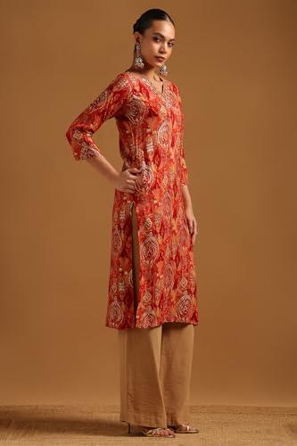 Soch Womens Rust Rayon Ethnic Motifs Kurta with Mirror Work