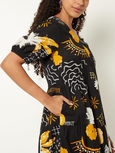 Max Women Printed Tiered Dress (Black_XS)