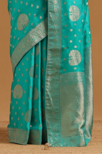 Soch Womens Turquoise Blue Satin Ethnic Motifs Zari Woven Saree